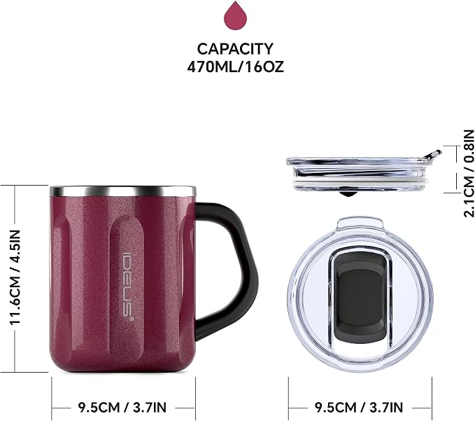 Ideus 16 oz Insulated Coffee Mug with Handle and Lid, Double Wall Stainless Steel Vacuum Thermal Coffee Mug, Travel Coffee Cup Thermal Cup for Home and Office, Burgundy-FUJI FLOW - Image 5