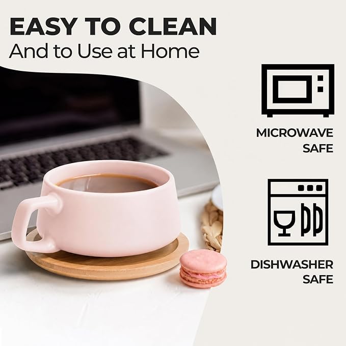 MIAMIO - Cappuccino Cup Set of 4, Ceramic, Wide (9.5oz) - Luxe (Cream Rose) | Ceramic cappuccino cups and saucers, wide latte cups and mugs for Americano, 4-piece set of ceramic cups, dishwasher safe - Image 4