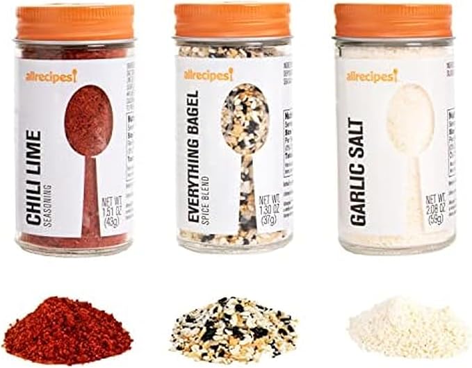 Allrecipes Savory Seasonings (Chili Lime, Everything Bagel, Garlic Salt) in Glass Jars with Removable Sifter Caps for Sprinkling, Set of 3 Clear 9.63 x 6.13 x 2-Inch by Allrecipes