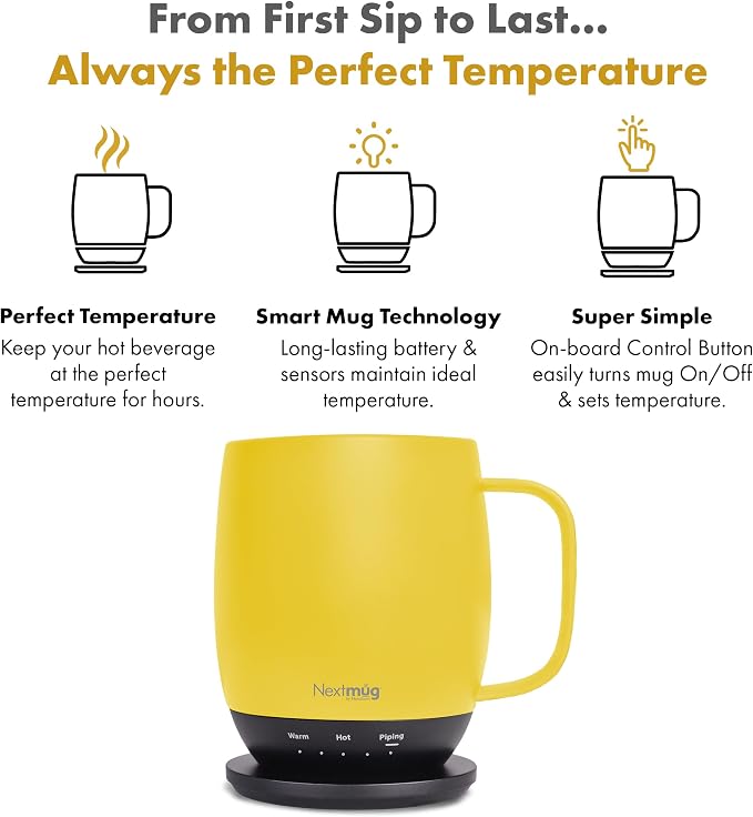 Nextmug - Temperature-Controlled, Self-Heating Coffee Mug | (Sunshine - 14 oz.) – No App, Long-Lasting Battery for Work & Study, Great Gift for Coffee Lovers - Image 3