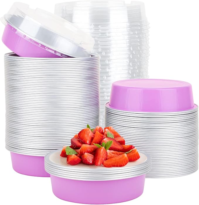 Beasea Disposable Mini Pans with Lids, 100 Pack 4” 8oz Light Pink Aluminum Baking Foil Tins Round Small Tart Container for Individual Cupcake Dessert Muffin Ramekin Cheesecake Quiche Oven Dishes by Beasea
