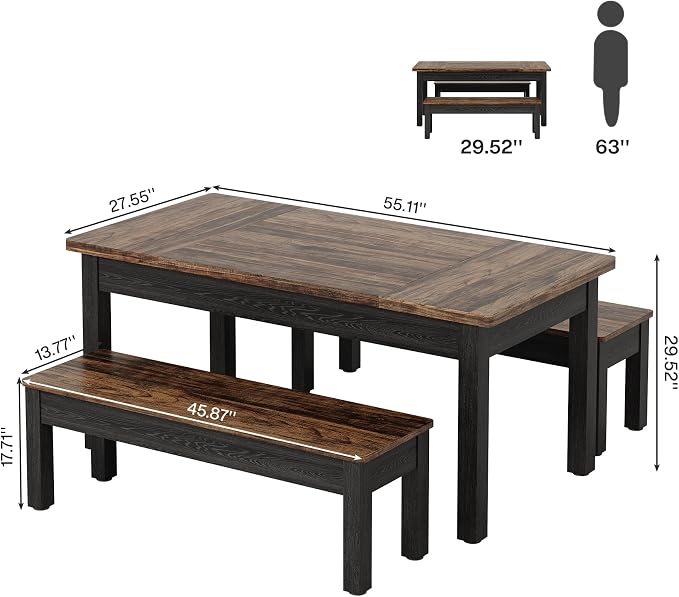Tribesigns Farmhouse Kitchen Table Set for 4-6, 55-Inch Wooden Dining Table with 2 Benches, Space Saving 3 Pieces Heavy Duty Dinette for Dining Room, Kitchen, Small Space (Black-Brown) - Image 2