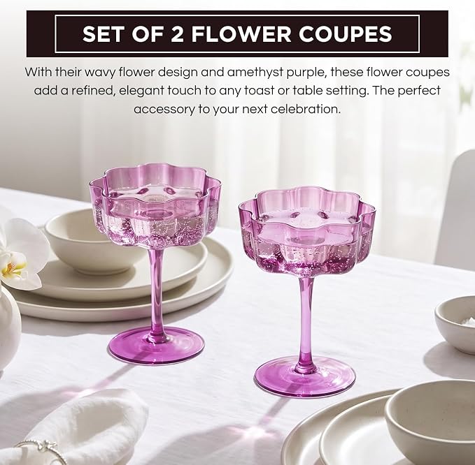 Khen Flower Vintage Wavy Glass Coupes Martini, Champagne & Cocktail Coupes - Set of 2-7oz Colorful Cocktail Glasses & Champagne, Prosecco, Mimosa Glassware Copyright Design - Amethyst Purple - Image 3