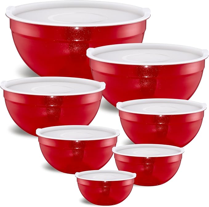 Red Mixing Bowls with Airtight Lids, Stainless Steel Nesting Mixing Bowls Set of 7, Ideal for Baking, Prepping and Serving Food, Size 7, 3.6, 2.7, 2.1, 1.5, 1.1,0.8 QT, Stackable Design by Moxinox