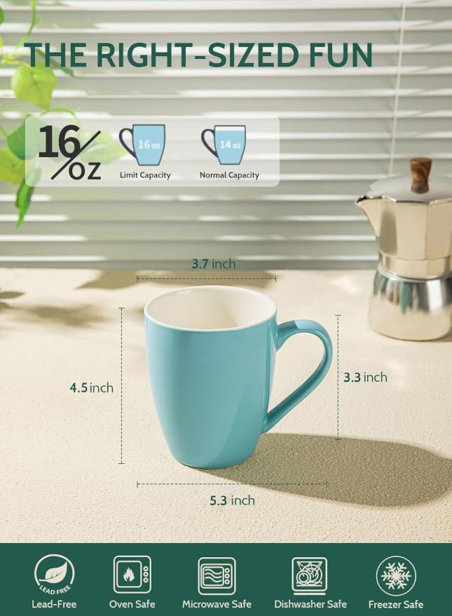 Sweese Porcelain Coffee Mugs - 16 Ounce (Top to the Rim) for Coffee, Latte, Tea, Cocoa, Set of 4, Turquoise - Image 2