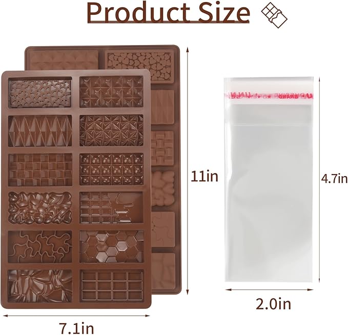Chocolate Molds, 2Pcs Mini Silicone Chocolate Bar Mold with 100Pcs Bags, Break Apart Non-stick Small Chocolate Candy Bar Molds Wax Melt Molds for Chocolate Bar