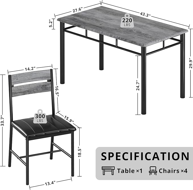 IRONCK Dining Table Set for 4, Grey | Wood Kitchen Table with Upholstered Chairs for Kitchen Room and Small Spaces - Image 2
