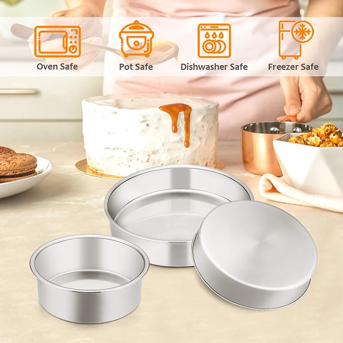 E-far Cake Pan Set of 3 (4 inch/6 inch/8 inch), Stainless Steel Small Round Layer Cake Baking Pans, Perfect for Tier Smash Cake, Non-Toxic & Healthy, Mirror Finish & Dishwasher Safe - Image 6