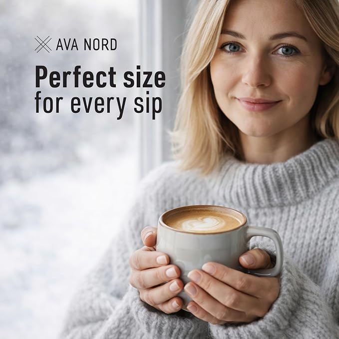 Ava Nord Stoneware Ceramic Coffee Mugs Set of 4-12 oz - Sage Ash | Lead-Free, Non-Toxic, Freezer - Microwave & Dishwasher Safe, Comfortable Handle, Aesthetic Nordic Design for Tea, Latte - Image 4