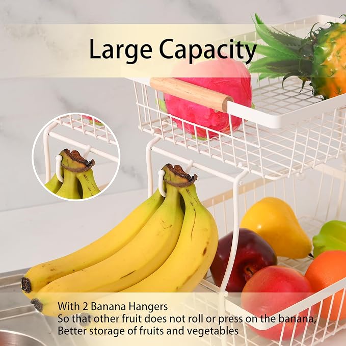 2 Tier Detachable Fruit Basket Bowl with 2 Banana Hangers, Fruit Stand Holder for Kitchen Countertop, Metal Wire Vegetable Storage Organizer, for Bread Snack Veggies Produce, White - Image 5
