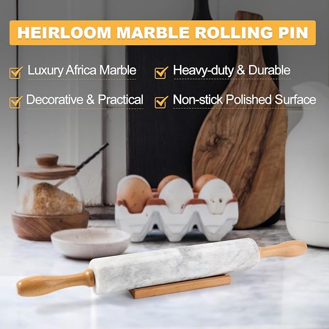 African Natural Marble Rolling Pin, Non-Stick Polished Dough Roller, Pasta, Dumpling, Fondant, Pie Crust, Bread, Pizza Dough, Kitchen Baking Pastry Tools with Mat/Scraper(Grigio Fantasy) - Image 3
