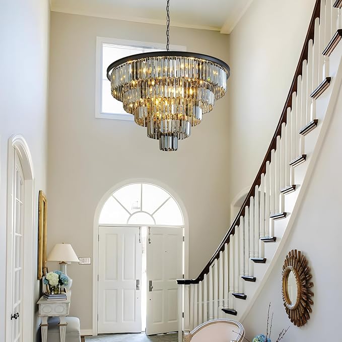 Smoke Gray Crystal Chandelier Modern Large Dining Room Light Fixture | 30''Big Black Round Chandelier,5-Tier K9 Crystal Luxury High Ceiling Pendant for Living Room,Kitchen,Foyer,Staircase,Entryway - Image 2