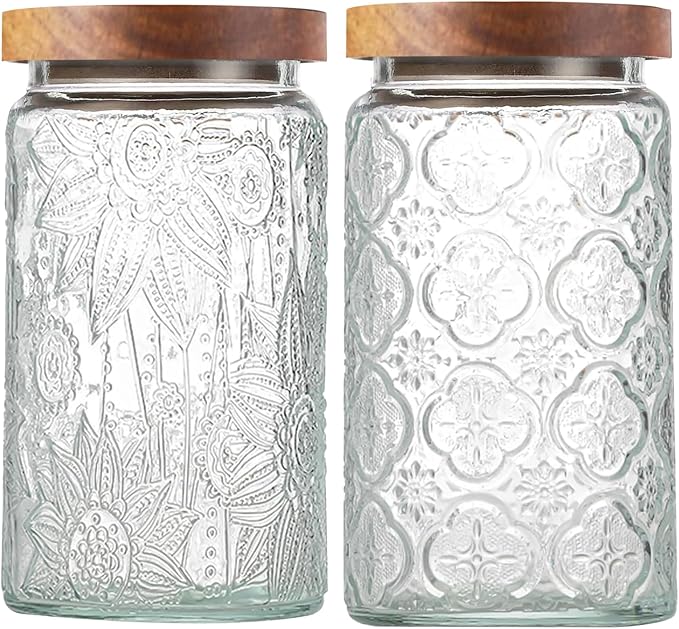 2-Pack 34 OZ Vintage Glass Jar with Lid, Airtight Food Storage Canisters with Bamboo for Kitchen Counter Pantry, Ideal for Coffee, Candy, Tea, Oats, Sugar, Cookies Decorative Jars by Unknown