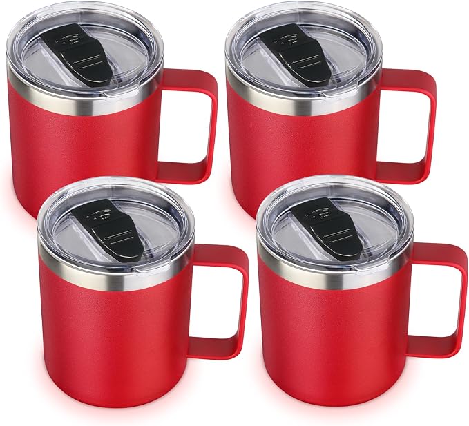 Volhoply 14oz Insulated Stainless Steel Coffee Mug with Lid Bulk 4 Pack,Double Wall Vacuum Travel Coffee Cup with Handle,Reusable Metal Cups Tumbler Cup,Camping Mugs Keep Hot,Ideal Gifts(Red,4) by LiveFully%EF%BC%8CDrinkFreely%E2%80%94KeepGoingwithVolhoply%EF%BC%81