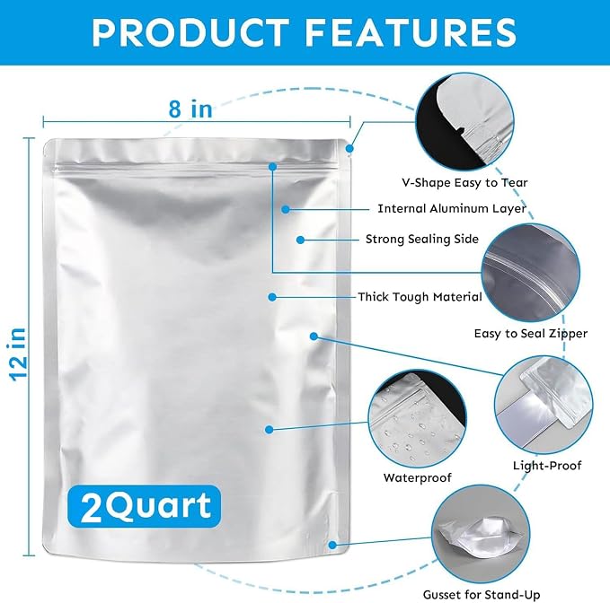 Mylar Bags 2Quart 50PCS 8"X12" for Food Storage with Oxygen Absorbers&Labels,10Mil Thick Resealable Zipper&Heat Seal Stand Up Pouches for Packaging Long Term,Dried Food,BPA Free - Image 2
