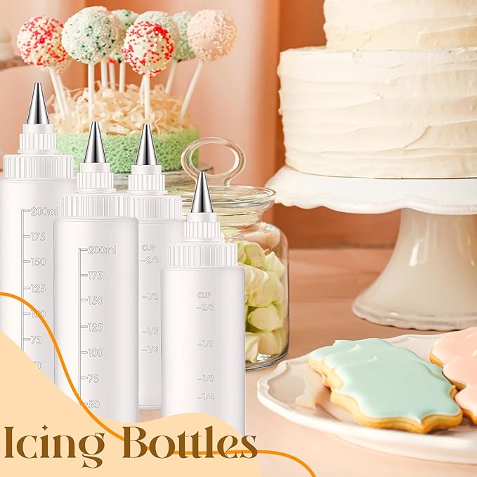 4 Pcs Plastic Squeeze Bottles for Cookie Icing Bottle Decorating Supplies Squeezing Applicator Writer for Food Coloring Frosting Pancake Arts (4 oz & 8 oz)