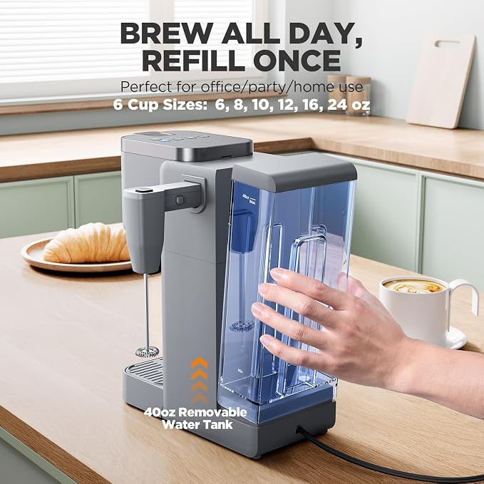 Tastyle Single Serve Coffee Maker with Built-in Detachable Milk Frother | For K Cups & Grounds, 40oz Removable Water Tank, 6 Brew Sizes, 2 Drip Trays, BPA Free, Fits 7.3" Travel Mug, K330MF, Gray - Image 5