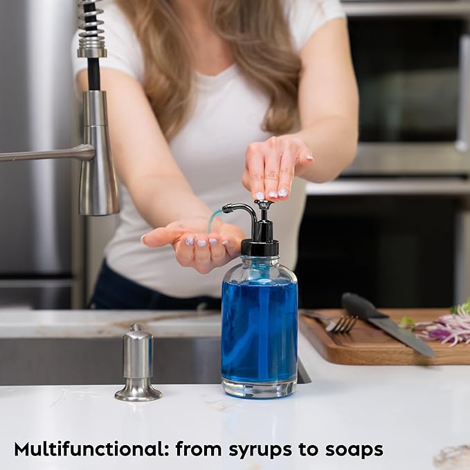 Coffee Syrup Dispenser with Pump - Includes 24 Flavor Labels - Glass Syrup Dispenser for Coffee Bar - Elevate your Beverage Station with 16.9 fl oz Flavoring Container Bottles, 4pcs, Black