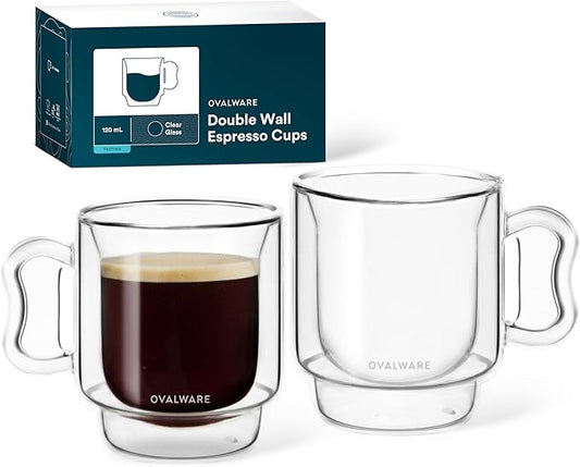 ovalware RJ3 Espresso Coffee Cups 4oz/120ml (Set of 2) Double-Walled Cup w/Solid Butterfly Handle - Elegant Borosilicate Espresso Shot Mug - Stackable Insulated Transparent Demitasse