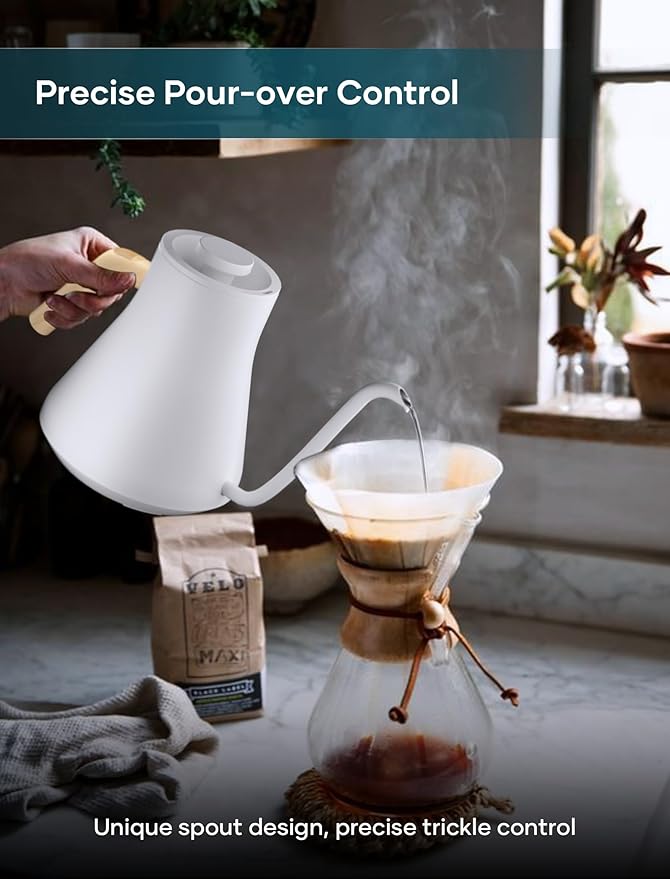 Electric Kettles, Gooseneck Electric Kettle, ±1℉ Temperature Control, Stainless Steel Inner, Quick Heating, for Pour Over Coffee, Brew Tea, Boil Hot Water, 0.9L White