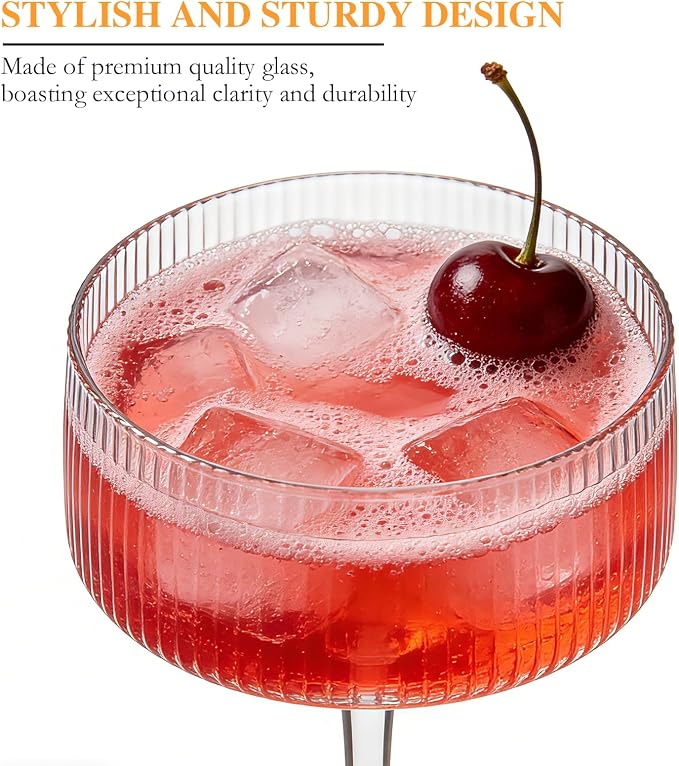 4 Pcs Ribbed Coupe Glasses, 10 oz Vintage Martini Glasses | Elegant Cocktail Glassware Gift Set, Espresso Martini, Wine, Champagne, Home Bar, Parties - Image 4