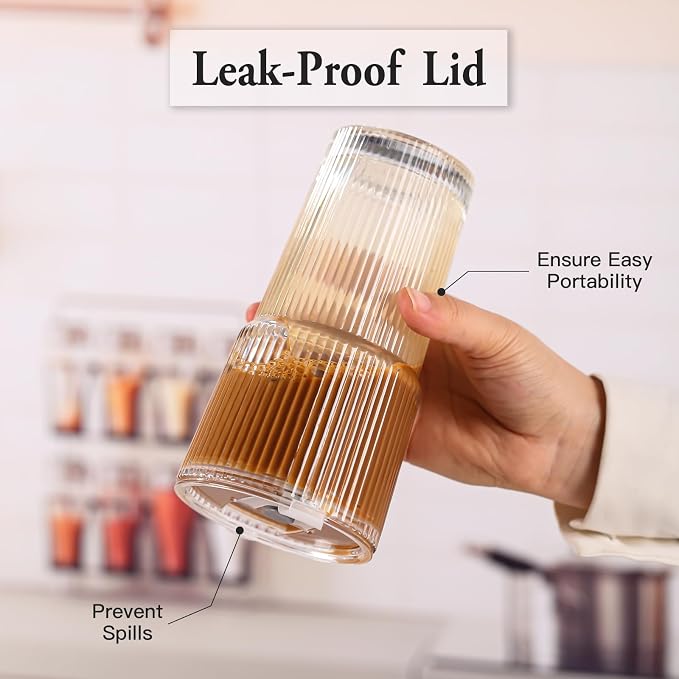 4PCS Ribbed Glass Cups with Lids and Straws, 20oz Vintage Drinking Glasses, Aesthetic Iced Coffee Cups, Glass Tumbler for Boba, Beer, Tea, Cocktails, Ribbed Glassware Set,Clear - Image 4