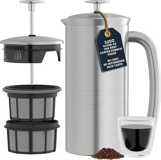 ESPRO P7 French Press Stainless Steel 304 – Patented Double Walled Micro-Filter Insulated French Press Coffee Maker, Grit-Free Brew - Heat Resistant BPA Free (32oz)