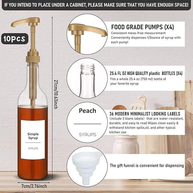 Bokon Coffee Syrup Dispenser 25.4 oz 750 ml Drinking Syrup Pump Bottles with Comprehensive Label Set and Funnel for Coffee Bar Accessories Essentials(Gold,10 Pcs)