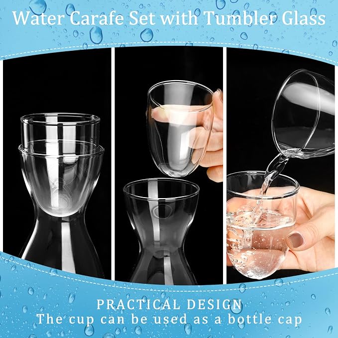 Bedside Water Carafe Set with Tumbler Glass Set for Bathroom Mouth Washer Dispenser Mouth Wash Containers Decanter with Cup Glass Pitcher Bottle Container, Nightstand or Kitchen, 600 ml (1) - Image 3