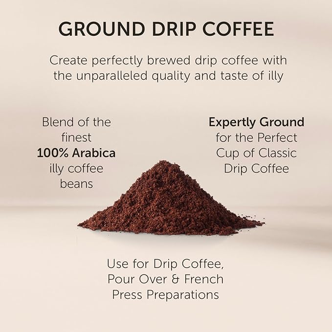 illy Drip Coffee - Ground Coffee - 100% Arabica Ground Coffee – Classico Medium Roast - Notes of Caramel, Orange Blossom & Jasmine - No Preservatives – Mild & Balanced – 4.4 Ounce