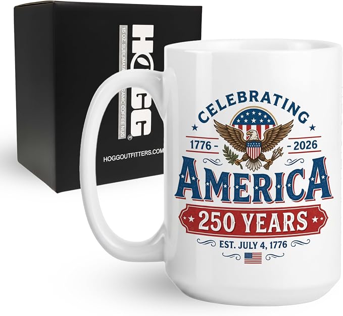 America 250 Coffee Mug, 250 Anniversary USA Coffee Mug, 250th Anniversary USA Cup, 15 oz Ceramic Patriotic Cups, America Gifts, Patriotic Gift, Independence Day, 4th of July by HoggOutfitters