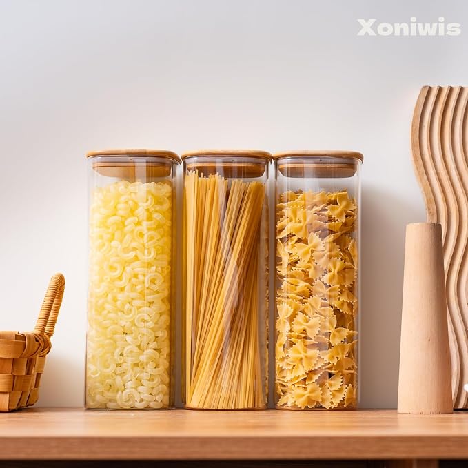 3-Pack 2.2Qt Square Glass Spaghetti Jars with Bamboo Lids | Minimalist Kitchen Organizer,Scandinavian Style Storage,Nordic Style Storage,Food Storage Canister for Pasta, Penne, Macaroni - Image 8