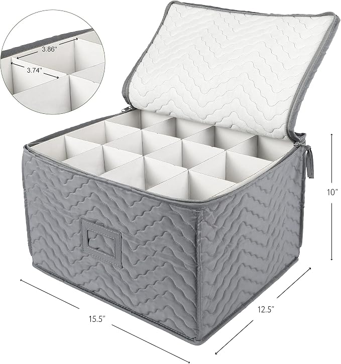 LotFancy Stemware Storage Containers, 2-Pack, Deluxe Quilted Storage Case with Dividers for 24 - Wine Glasses, Champagne Flutes, Glassware, Drinkware Storage Box Chest, 15.5”x12.5”x 10”, Gray - Image 9