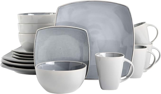 Gibson Elite Soho Lounge Square Reactive Glaze Stoneware Dinnerware Set, Service for 4 (16pc), Light Gray by GibsonHomewares