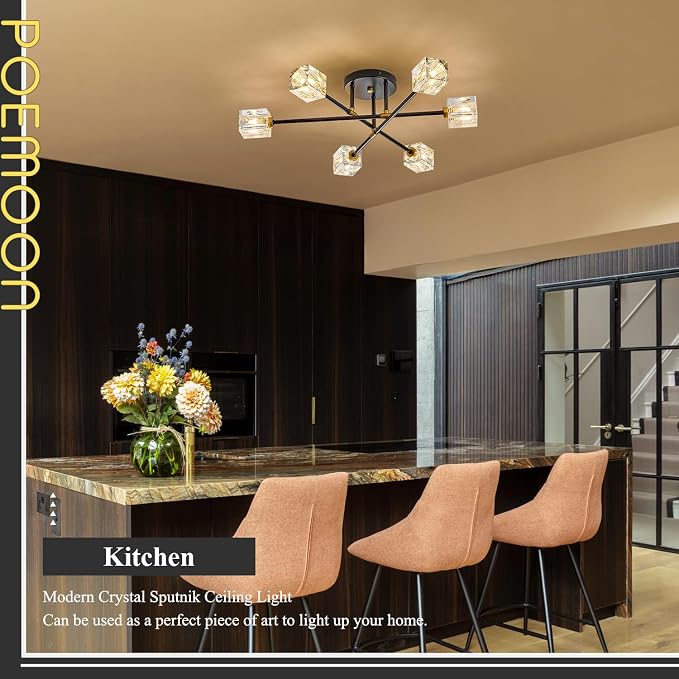 Black Gold Crystal Semi Flush Mount Ceiling Light Fixture Industrial 26" Sputnik Chandeliers 6 -Light Modern Chandelier for Foyer Entryway Kitchen Bedroom Living Room Dining Room - Image 3
