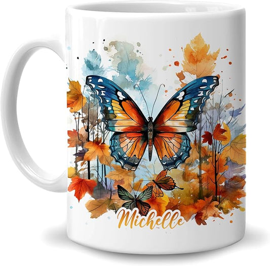 Hyturtle Personalized Fall Butterfly Maple Leaves Coffee Mug, Autumn Décor | Birthday Gifts For Butterfly Lovers - Gift Ideas For Farmhouse Thanksgiving - Custom Name 11oz White Ceramic Coffee Tea Mug by Hyturtle