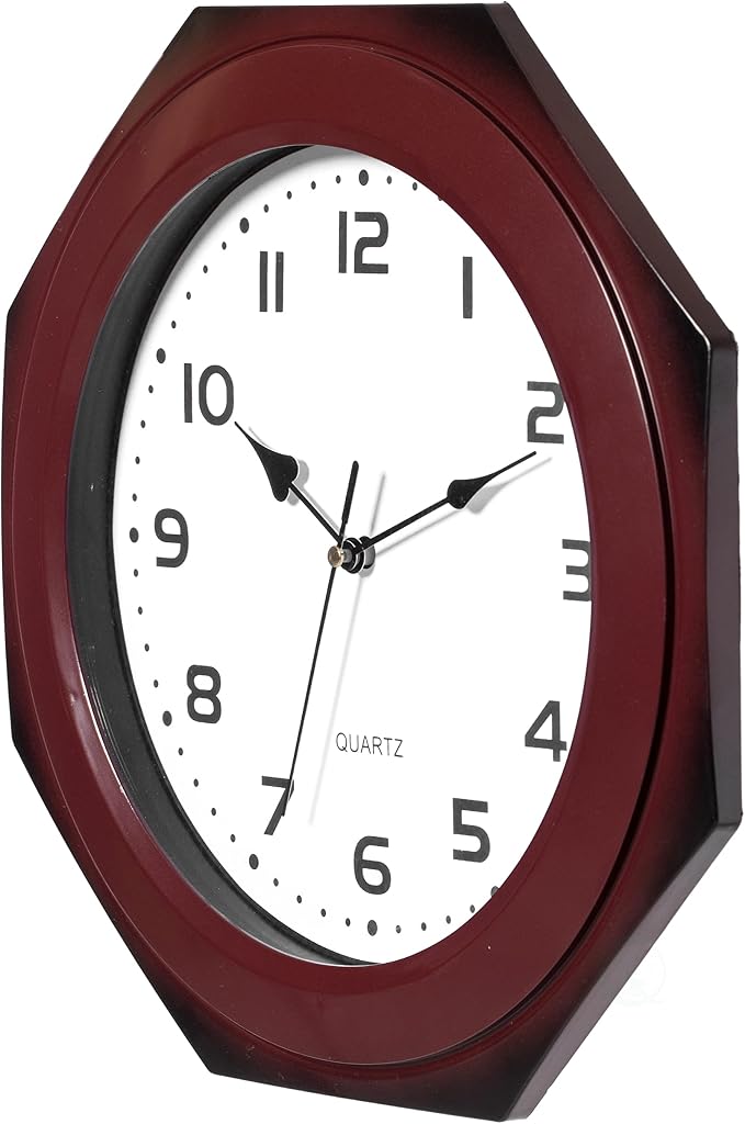 Clockswise Quickway Imports Brown Modern Decorative Octagon Shaped Wood- Looking Plastic Wall Clock for Living Room, Kitchen, or Dining Room - Image 7