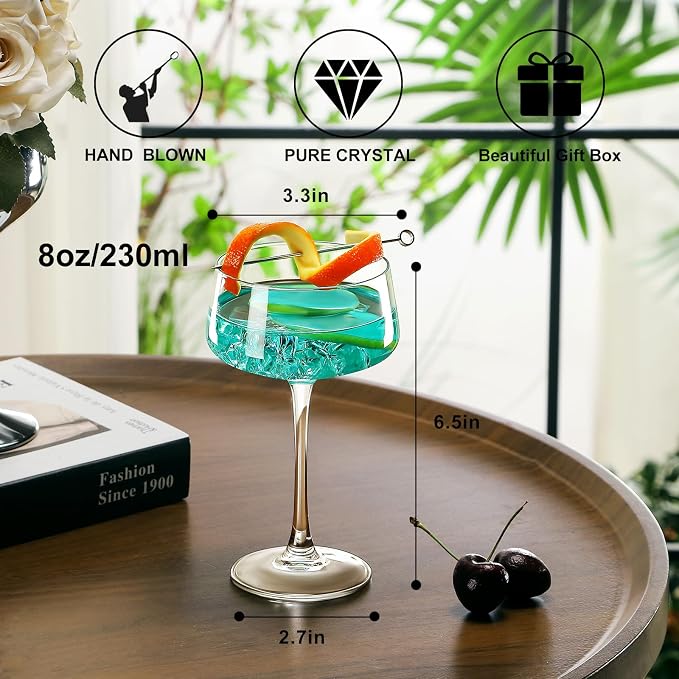 Amyoole Martini Glasses Set of 6, 8 oz Premium Crystal Coupe Glasses | Hand Blown Champagne Drinkware with 6 Cocktail Picks, Clear Cocktail Glasses for Bar, Parties, Espresso, Martinis, Margaritas - Image 2