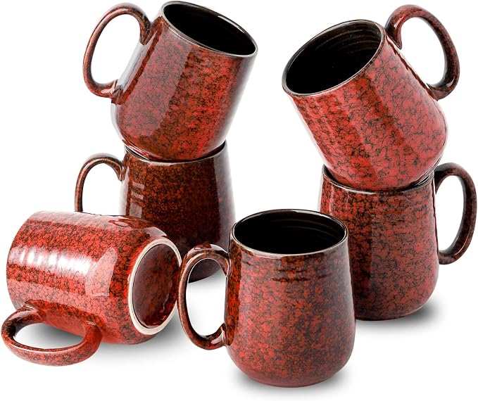 HASENSE Coffee Mugs Set of 6, 15 Ounce Ceramic Coffee Cups Set with Handle, Large Tea Mug for Kitchen, Red Cup for Tea,Cocoa, Milk, Christmas Gift for Women and Men, Dishwasher and Microwave Safe by Hasense