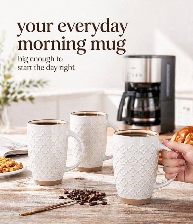 GBhome 20oz Large Coffee Mugs Set of 6, Handmade Tall Ceramic Coffee Mugs with Texture Patterns for Cappuccino, Latte,Hot Cocoa, Dishwasher & Microwave Safe-Off White - Image 2