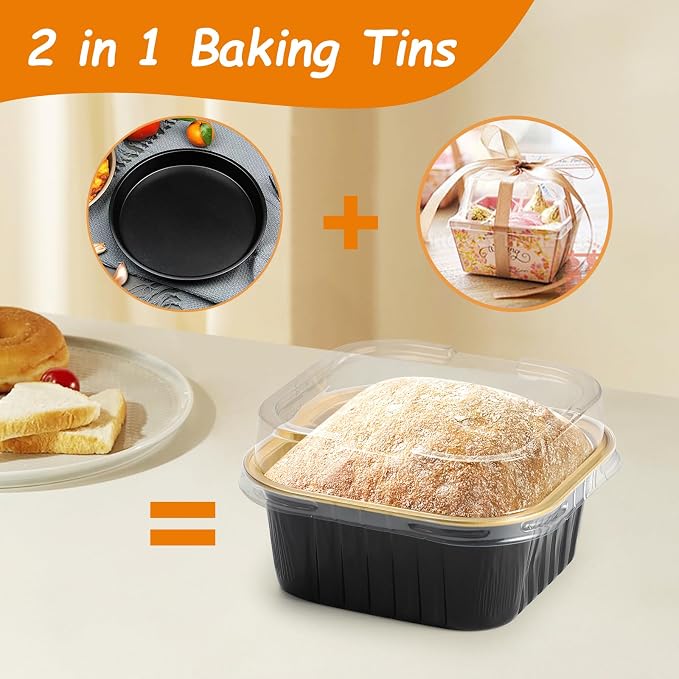 Mini Square Baking Cups with Lids, 50 Pcs 5oz Aluminum Foil Cupcake Tins with Lids, Disposable Ramekins Flan Cake Pans Tins for Souffle, Dessert, Valentine, Wedding, Party Small Cake Containers - Image 3