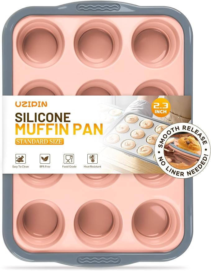 Silicone Muffin Pan, 12 Cups Non-Stick Cupcake Pan, Food-Grade BPA-Free Muffin Tin, Oven-Safe 450 °F, Reinforced Steel Frame, Easy-Grab Handles, Quick-Release 2.3" Baking Molds for Mini Treats by Unknown