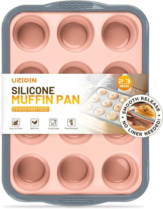 Silicone Muffin Pan, 12 Cups Non-Stick Cupcake Pan, Food-Grade BPA-Free Muffin Tin, Oven-Safe 450 °F, Reinforced Steel Frame, Easy-Grab Handles, Quick-Release 2.3" Baking Molds for Mini Treats by Unknown