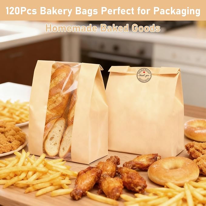 120 Pcs Paper Bread Bags for Homemade Bread with Window & 125 Stickers | 13.8 x 8.3 x 3.5 inch Sourdough Bread Bags for Bread, Cookies, Snacks & Scones, Large Bakery Paper Bags - Image 4