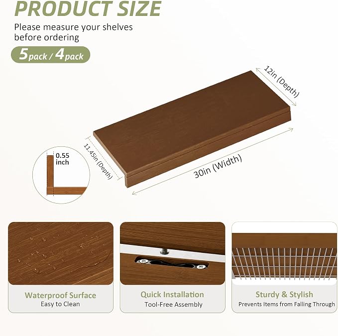 Wire Shelf Covers, Bamboo Wire Rack Covers for Pantry, Closet，Kitchen (4pcs, 30" W x 12" D, Walnut) - Image 2