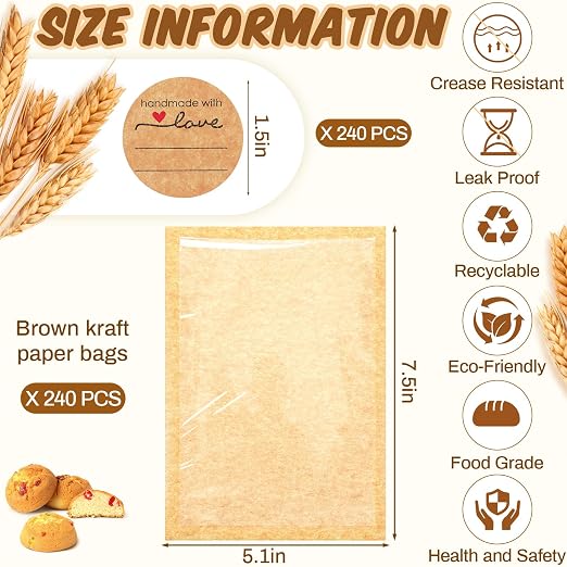 Outus 240 Pcs Cookie Packaging Bags with Seal, 5.1 x 7.5 Inch Bakery Pastry Bags with Window, Heat Sealable Grease Resistant Paper to Go Bake Sleeves for Gift Giving Donut Bread Sandwich (Brown) - Image 2