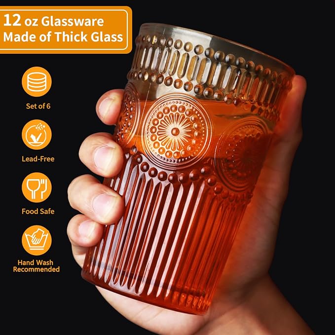 Loivttvv 6pcs Vintage Drinking Glasses Set, 12 oz Amber Highball Glasses, Embossed Ribbed Glassware Cups for Thanksgiving Cocktail, Juice, Whiskey - Image 2