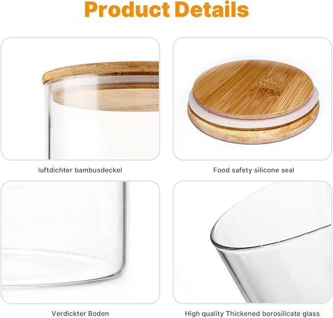 6-Pack Glass Food Storage Jars Set (3 Square + 3 Round), 37oz Airtight Clear Canisters with Bamboo Lids, Stackable Pantry Containers for Flour, Sugar, Rice, Pasta, Nuts, Candy & Spice Organization - Image 6