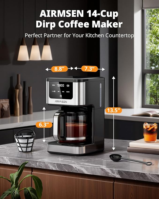AIRMSEN 14-Cup Programmable Drip Coffee Maker | 1000W Fast Brew, 24H Timer, 2-Hour Keep Warm, 4/6/8/10/14-Cup Selection, 73oz Tank & Glass Carafe for Home Office - Image 2