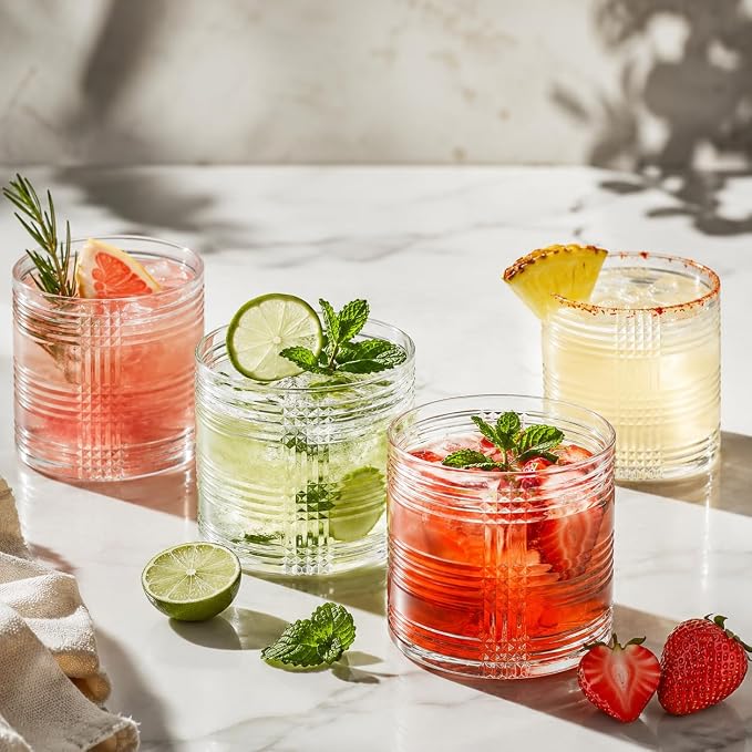 Old Fashioned Whiskey Glasses Set of 4, 14 oz Rocks Glasses, Heavy Base Scotch Bourbon Cocktail Tumblers, Ribbed Plaid Textured Drinking Glasses, Clear Lowball Glassware, Dishwasher Safe - Image 6